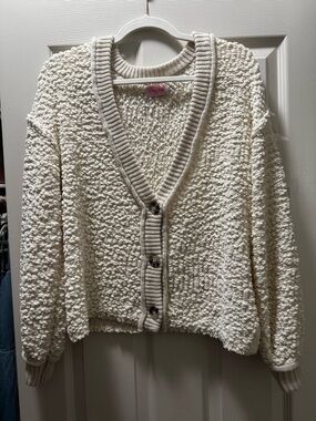 Pink Lily Cream Textured Popcorn Knit Button-Up Cardigan